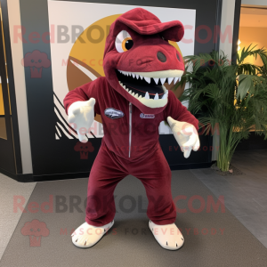 Maroon Tyrannosaurus mascot costume character dressed with a Jumpsuit and Shoe laces