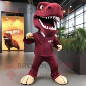 Maroon Tyrannosaurus mascot costume character dressed with a Jumpsuit and Shoe laces