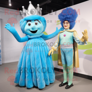 Sky Blue Queen mascot costume character dressed with a Corduroy Pants and Hairpins