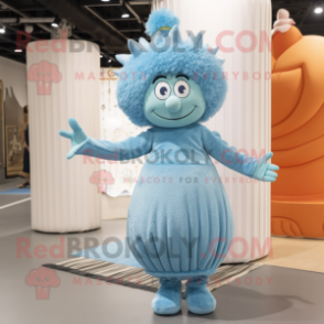 Sky Blue Queen mascot costume character dressed with a Corduroy Pants and Hairpins