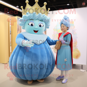 Sky Blue Queen mascot costume character dressed with a Corduroy Pants and Hairpins