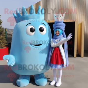 Sky Blue Queen mascot costume character dressed with a Corduroy Pants and Hairpins