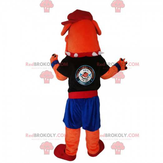 Mascote cão bola laranja em roupas esportivas - Redbrokoly.com