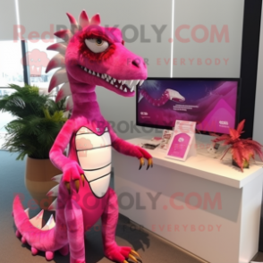 Magenta Spinosaurus mascot costume character dressed with a Bikini and Hairpins