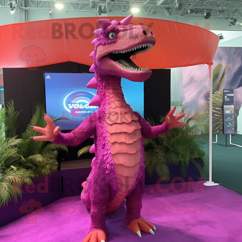Magenta Spinosaurus mascot costume character dressed with a Bikini and Hairpins Magenta Spinosaurus mascot costume character dressed with a Bikini and Hairpins