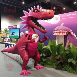 Magenta Spinosaurus mascot costume character dressed with a Bikini and Hairpins