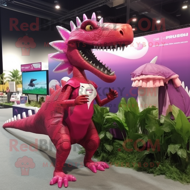 Magenta Spinosaurus mascot costume character dressed with a Bikini and Hairpins Magenta Spinosaurus mascot costume character dressed with a Bikini and Hairpins