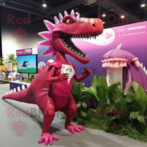 Magenta Spinosaurus mascot costume character dressed with a Bikini and Hairpins