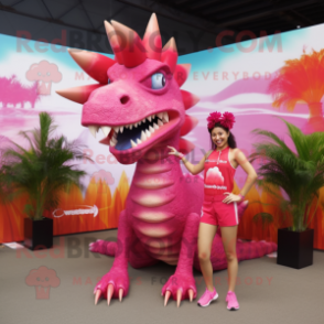 Magenta Spinosaurus mascot costume character dressed with a Bikini and Hairpins