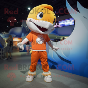 Orange Shark mascot costume character dressed with a Graphic Tee and Anklets