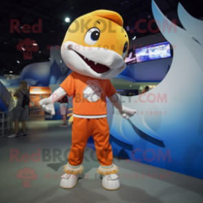 Orange Shark mascot costume character dressed with a Graphic Tee and Anklets