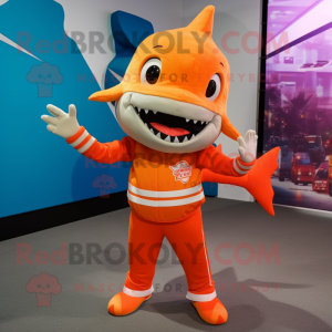 Orange Shark mascot costume character dressed with a Graphic Tee and Anklets