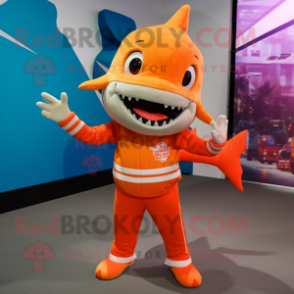 Orange Shark mascot costume character dressed with a Graphic Tee and Anklets