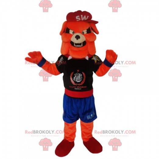 Mascotte del cane palla arancione in abiti sportivi -