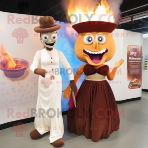 Brown Fire Eater mascot costume character dressed with a Wedding Dress and Belts