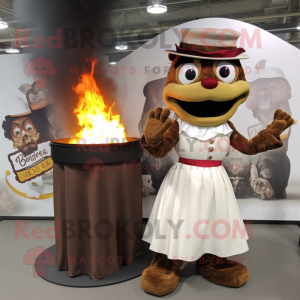 Brown Fire Eater mascot costume character dressed with a Wedding Dress and Belts