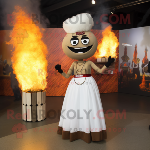 Brown Fire Eater mascot costume character dressed with a Wedding Dress and Belts