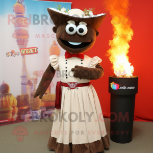 Brown Fire Eater mascot costume character dressed with a Wedding Dress and Belts