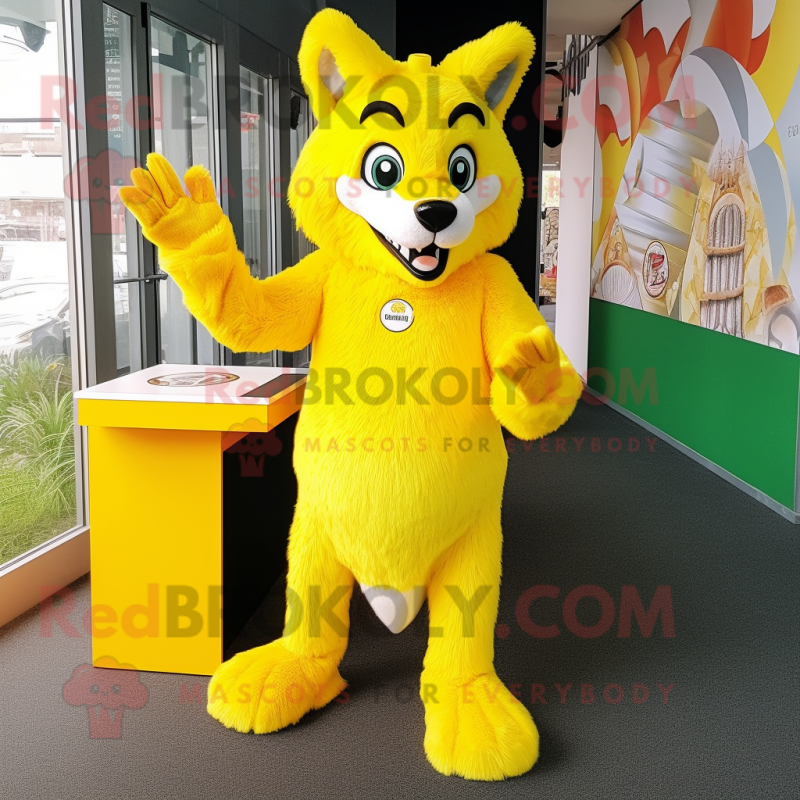 Lemon Yellow Wolf mascot costume character dressed with a A-Line Skirt and Foot pads