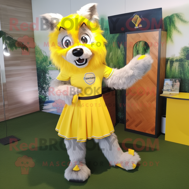 Lemon Yellow Wolf mascot costume character dressed with a A-Line Skirt and Foot pads