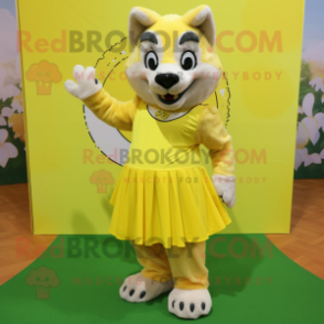 Lemon Yellow Wolf mascot costume character dressed with a A-Line Skirt and Foot pads