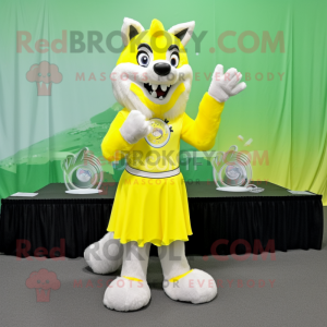 Lemon Yellow Wolf mascot costume character dressed with a A-Line Skirt and Foot pads