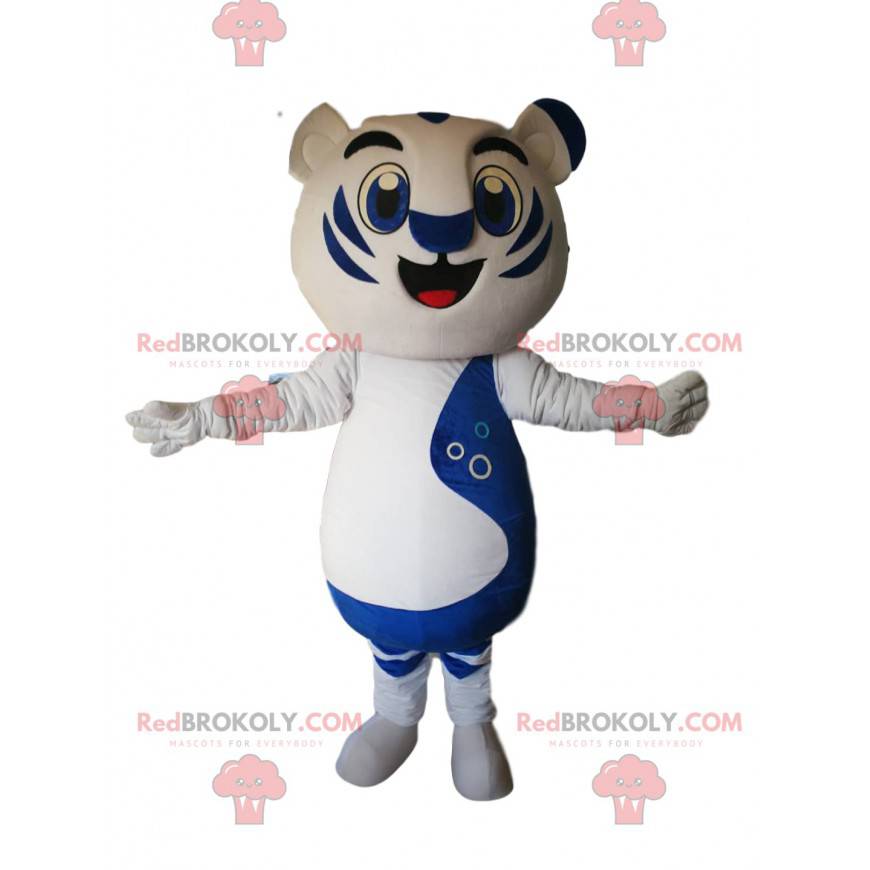 Maskot bílý a modrý tygr s obrovským úsměvem - Redbrokoly.com