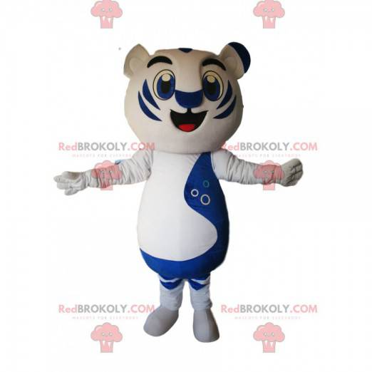 Mascot tigre blanco y azul con una gran sonrisa - Redbrokoly.com