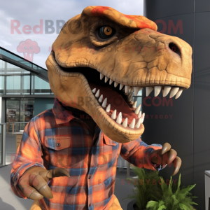 Rust T Rex mascot costume character dressed with a Flannel Shirt and Earrings