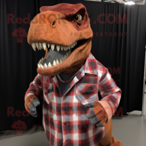 Rust T Rex mascot costume character dressed with a Flannel Shirt and Earrings