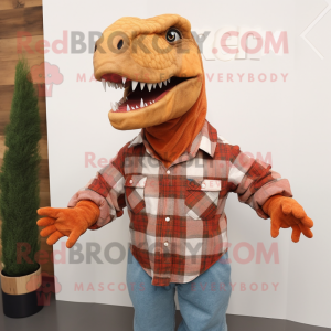 Rust T Rex mascot costume character dressed with a Flannel Shirt and Earrings