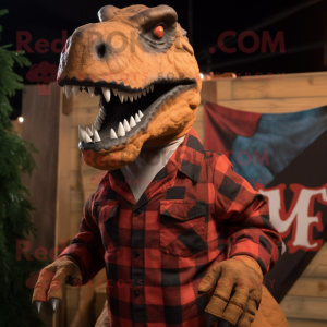 Rust T Rex mascot costume character dressed with a Flannel Shirt and Earrings