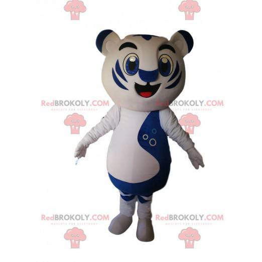 Maskot hvid og blå tiger med et stort smil - Redbrokoly.com