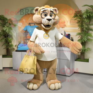 Tan Lion mascot costume character dressed with a Capri Pants and Handbags