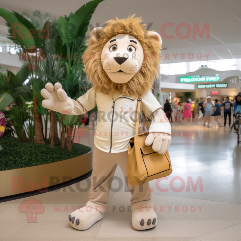 Tan Lion mascot costume character dressed with a Capri Pants and Handbags Tan Lion mascot costume character dressed with a Capri Pants and Handbags