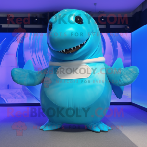 Cyan Humpback Whale mascot costume character dressed with a Bikini and Gloves