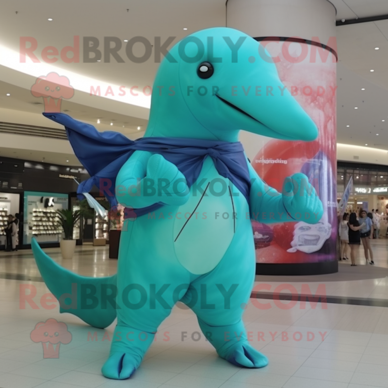 Cyan Humpback Whale mascot costume character dressed with a Bikini and Gloves