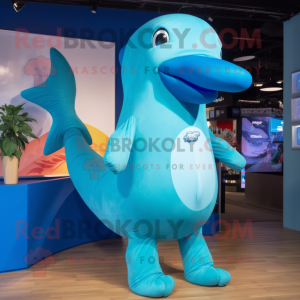 Cyan Humpback Whale mascot costume character dressed with a Bikini and Gloves