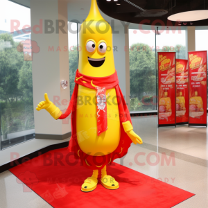 Yellow Bottle Of Ketchup mascot costume character dressed with a Flare Jeans and Shawl pins