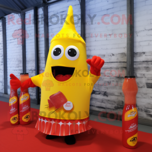 Yellow Bottle Of Ketchup mascot costume character dressed with a Flare Jeans and Shawl pins