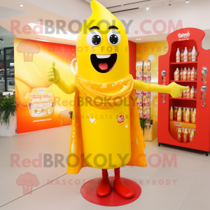 Yellow Bottle Of Ketchup mascot costume character dressed with a Flare Jeans and Shawl pins