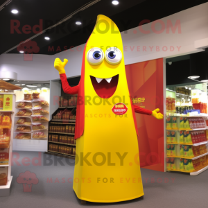 Yellow Bottle Of Ketchup mascot costume character dressed with a Flare Jeans and Shawl pins