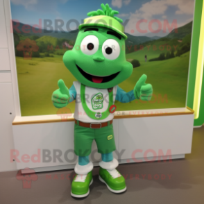 Green Bracelet mascot costume character dressed with a Henley Tee and Shoe clips