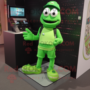 Green Bracelet mascot costume character dressed with a Henley Tee and Shoe clips