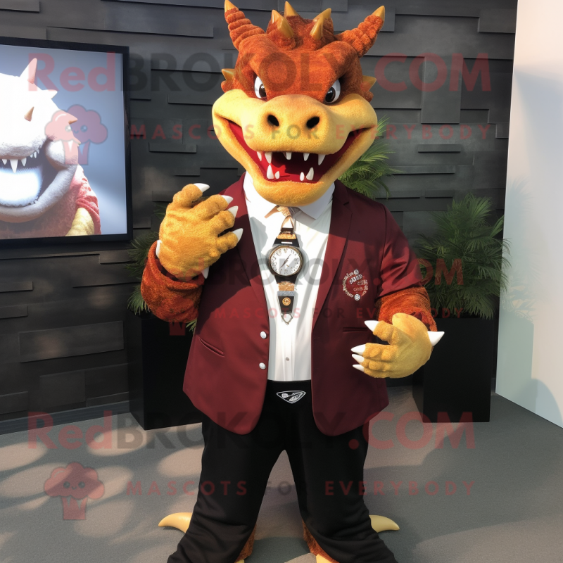 Rust Dragon mascot costume character dressed with a Blazer and Bracelet watches Rust Dragon mascot costume character dressed with a Blazer and Bracelet watches