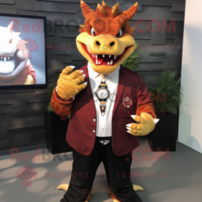 Rust Dragon mascot costume character dressed with a Blazer and Bracelet watches