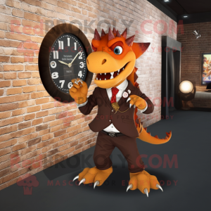 Rust Dragon mascot costume character dressed with a Blazer and Bracelet watches