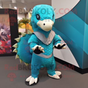 Turquoise Pangolin mascot costume character dressed with a Leggings and Pocket squares