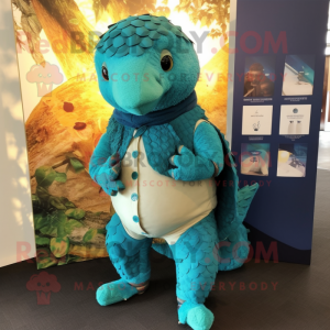 Turquoise Pangolin mascot costume character dressed with a Leggings and Pocket squares