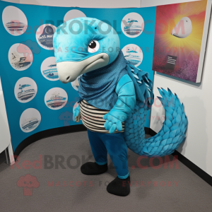 Turquoise Pangolin mascot costume character dressed with a Leggings and Pocket squares